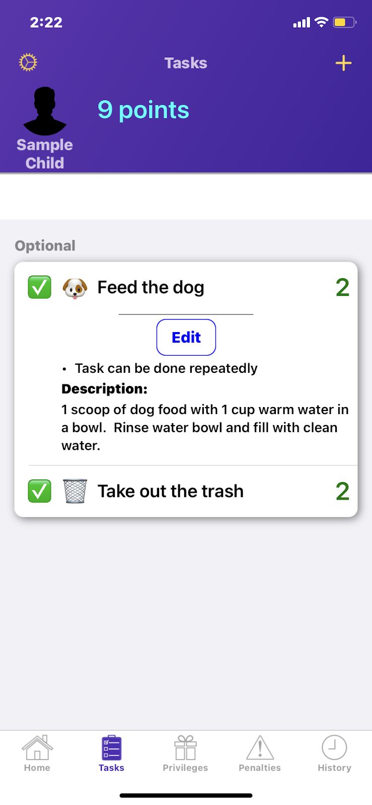 The Privilege Points Chore assigning app shows a chore reminder with specific instructions.
